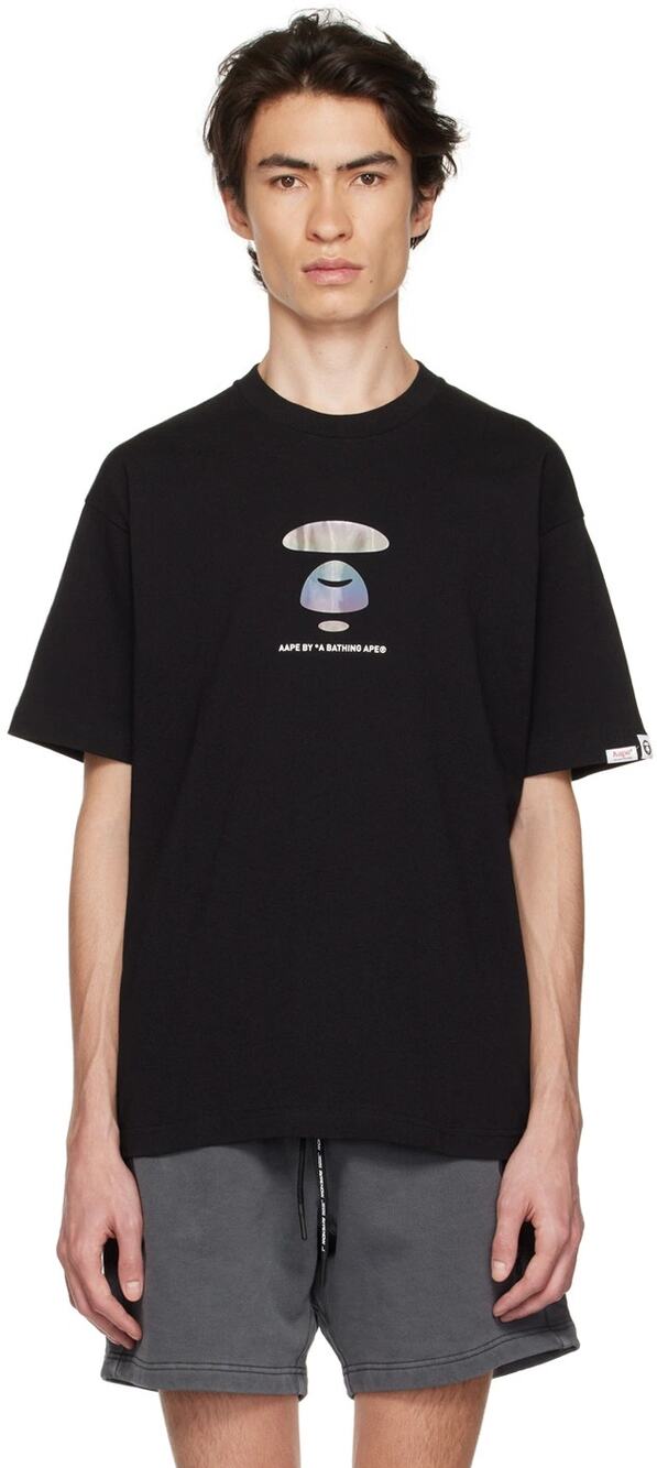 AAPE By A Bathing Ape Holographic Moonface Graphic Tee Men's Large Black